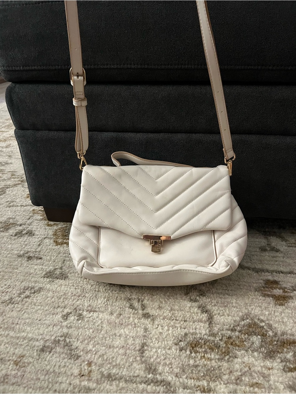 White Quilted Shoulder Bag with Gold-Tone Turn Lock